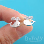 Cute Tiny Whale Aquatic Marine Animal Shaped Rhinestone Stud Earrings