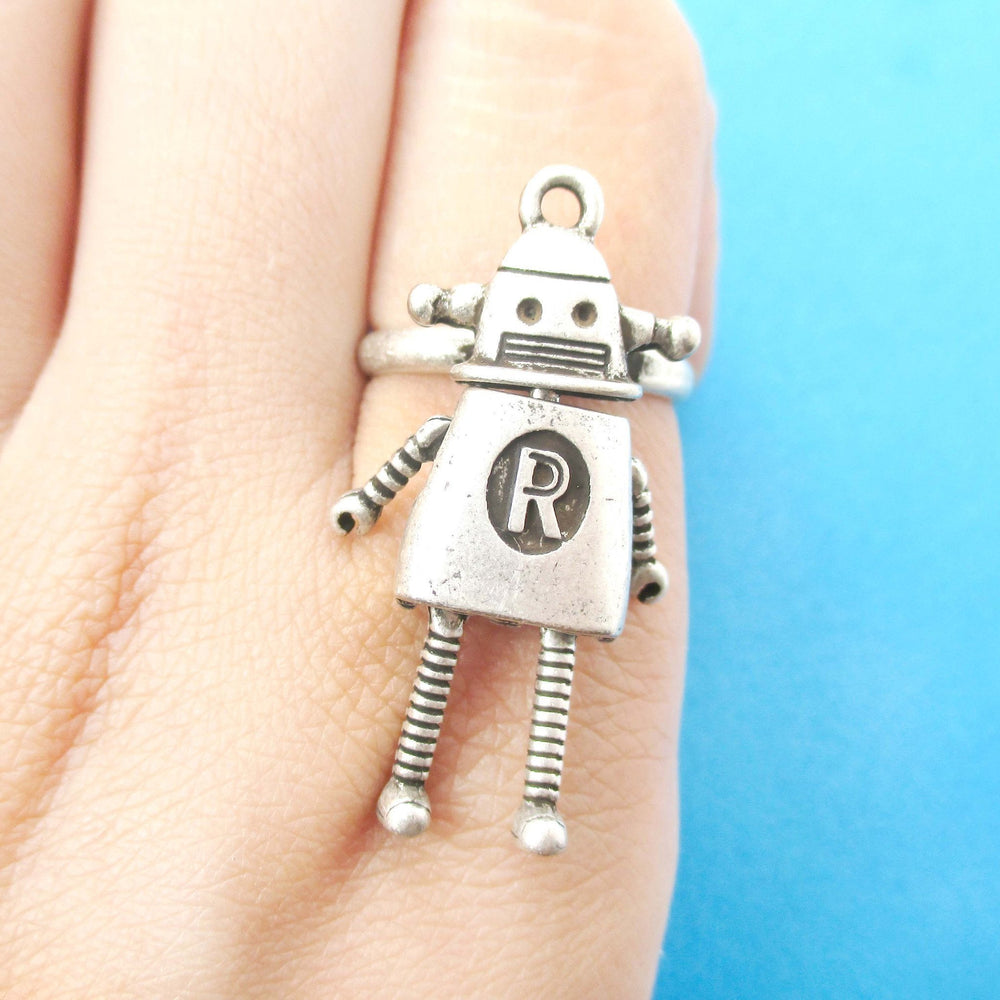 Cute Miniature Robot Shaped Adjustable Ring in Silver