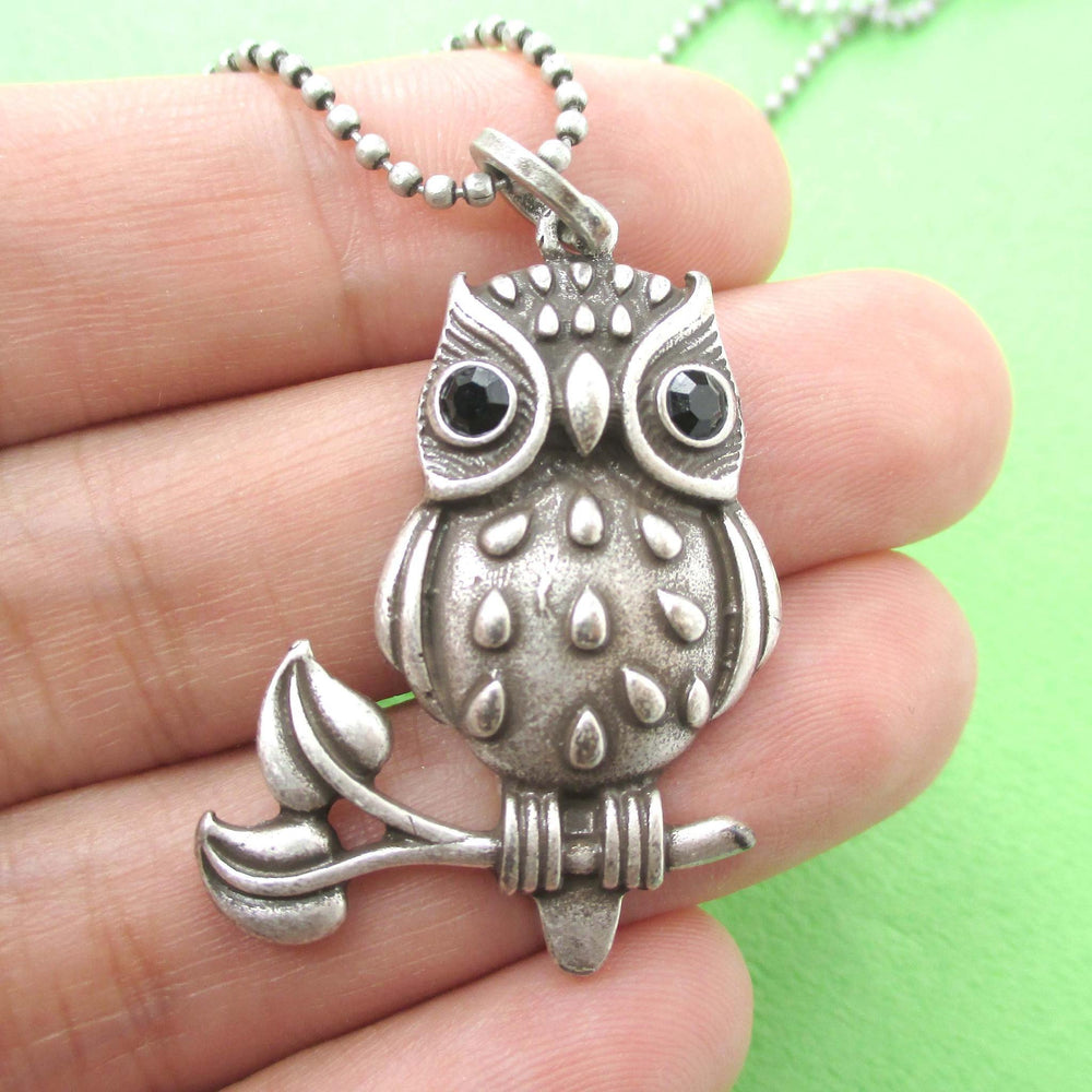 Owl On A Branch Bird Shaped Animal Pendant Necklace in Silver