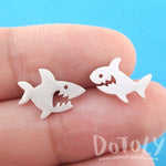 Cute Great White Shark Shaped Stud Earrings in Silver
