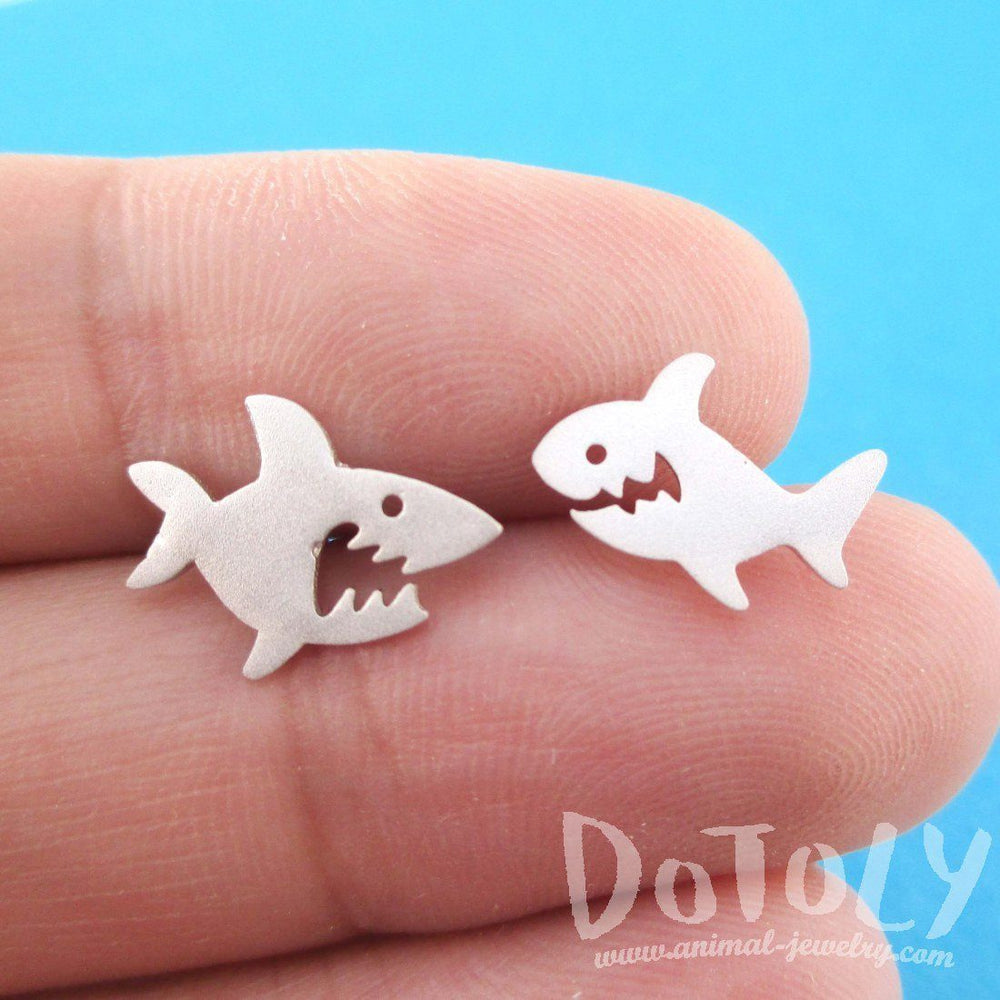 Cute Great White Shark Shaped Stud Earrings in Silver