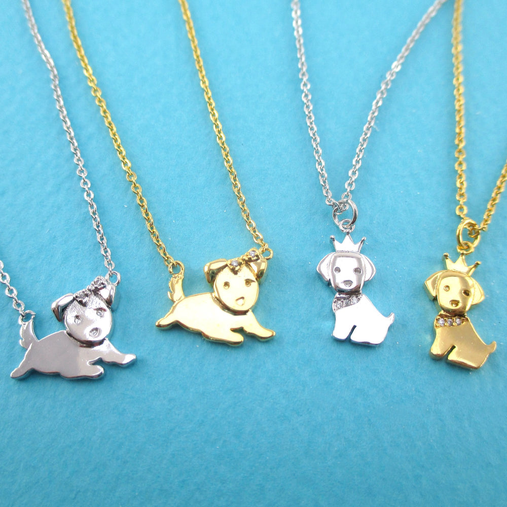 Cute Tiny Princess Puppy with Crown Dog Shaped Pendant Necklace