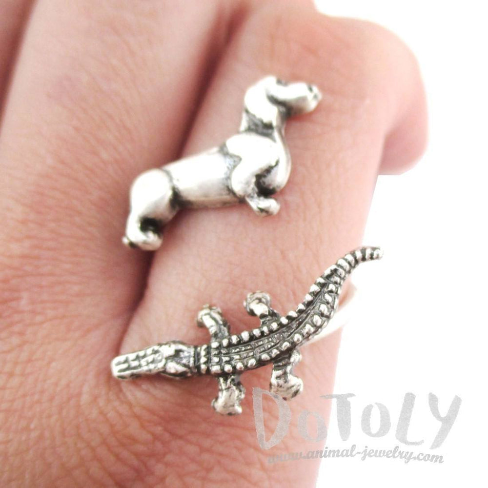 Dachshund and Crocodile Adjustable Wire Wrap Ring in Silver | DOTOLY