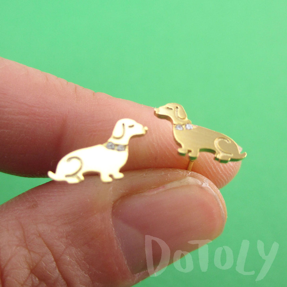 Dachshund Puppies Shaped Stud Earrings with Rhinestones in Gold