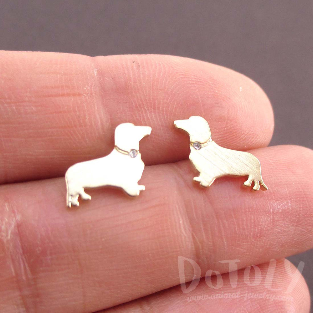 Dachshund Sausage Dog Shaped Stud Earrings with Rhinestones in Gold