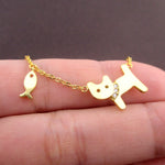 Dainty Kitty Cat and Fish Shaped Pendant Choker Necklace in Gold