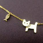 Dainty Kitty Cat and Fish Shaped Pendant Choker Necklace in Gold
