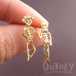 Dancing Skeletons Shaped Coco Dangle Drop Stud Earrings in Gold