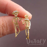 Dancing Skeletons Shaped Coco Dangle Drop Stud Earrings in Gold