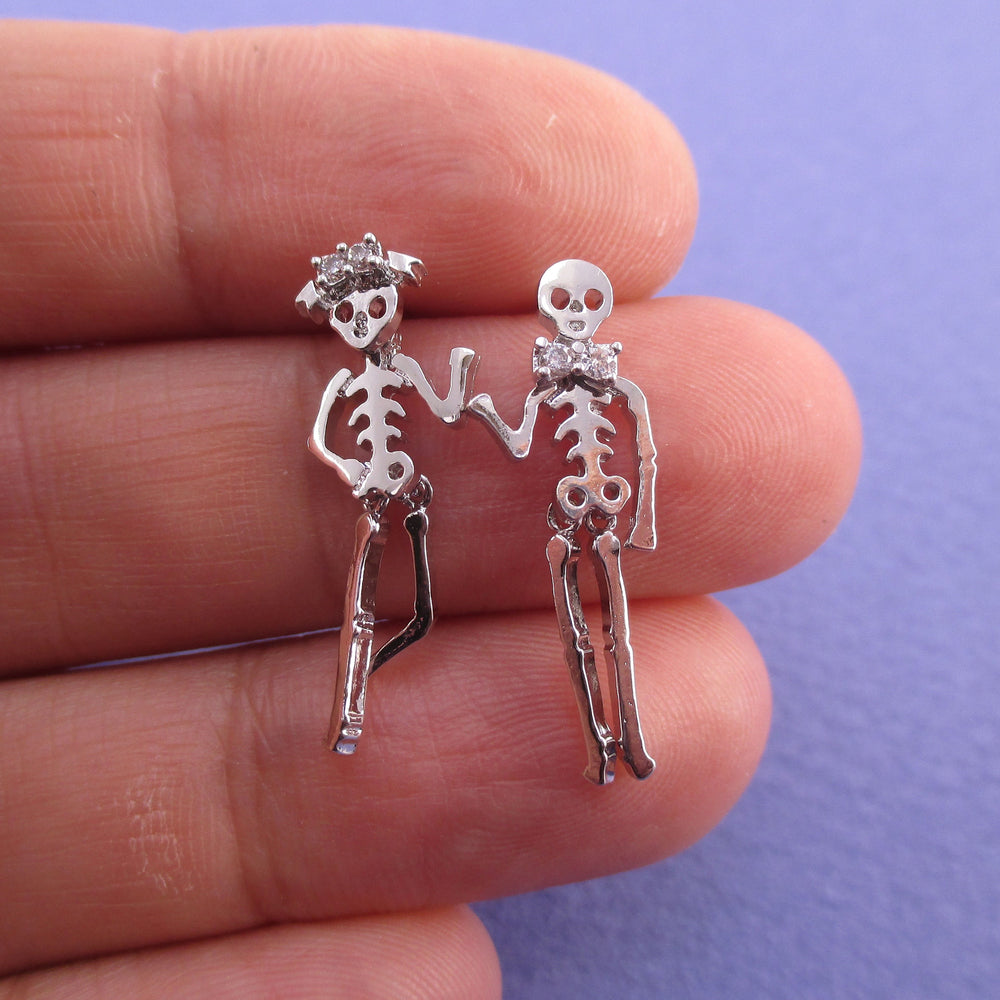 Dancing Skeletons Shaped Coco Dangle Drop Stud Earrings in Silver