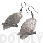 Detailed Barn Owl Shaped Dangle Earrings Dark Silver | Animal Jewelry
