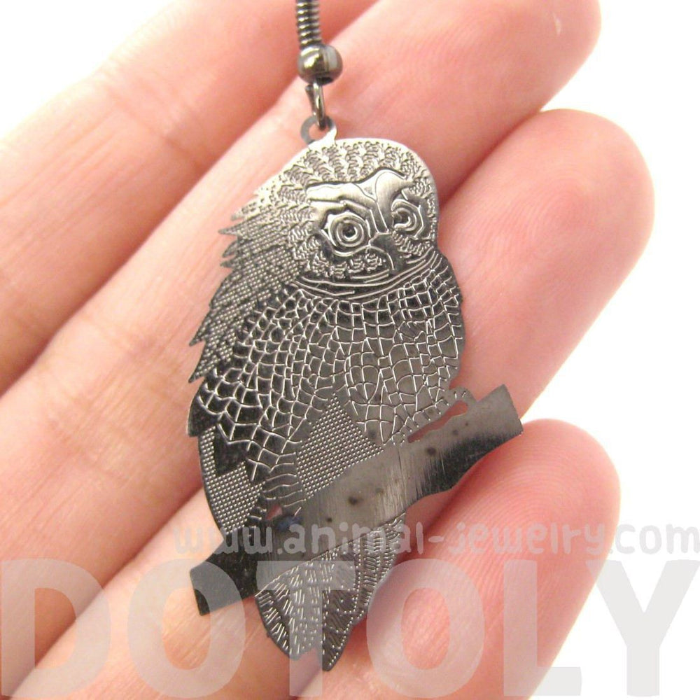 Detailed Barn Owl Shaped Dangle Earrings Dark Silver | Animal Jewelry