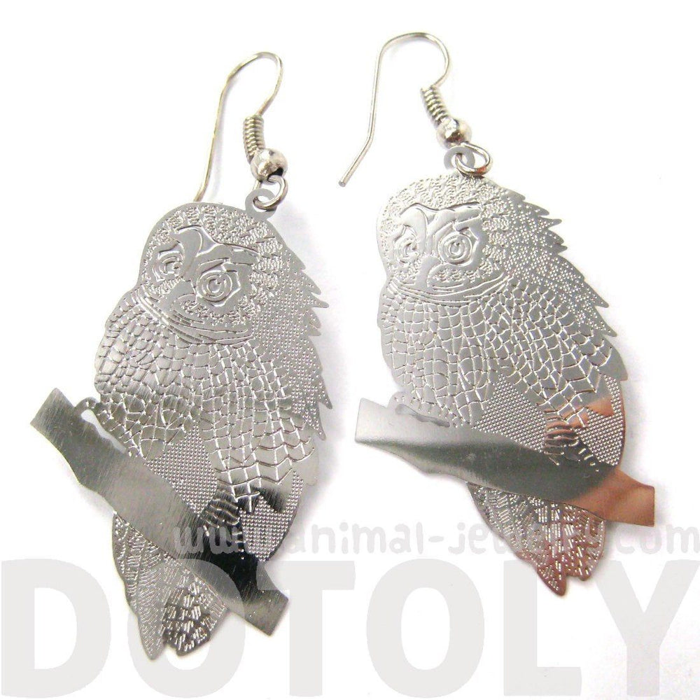 Detailed Barn Owl Shaped Dangle Earrings in Silver | Animal Jewelry