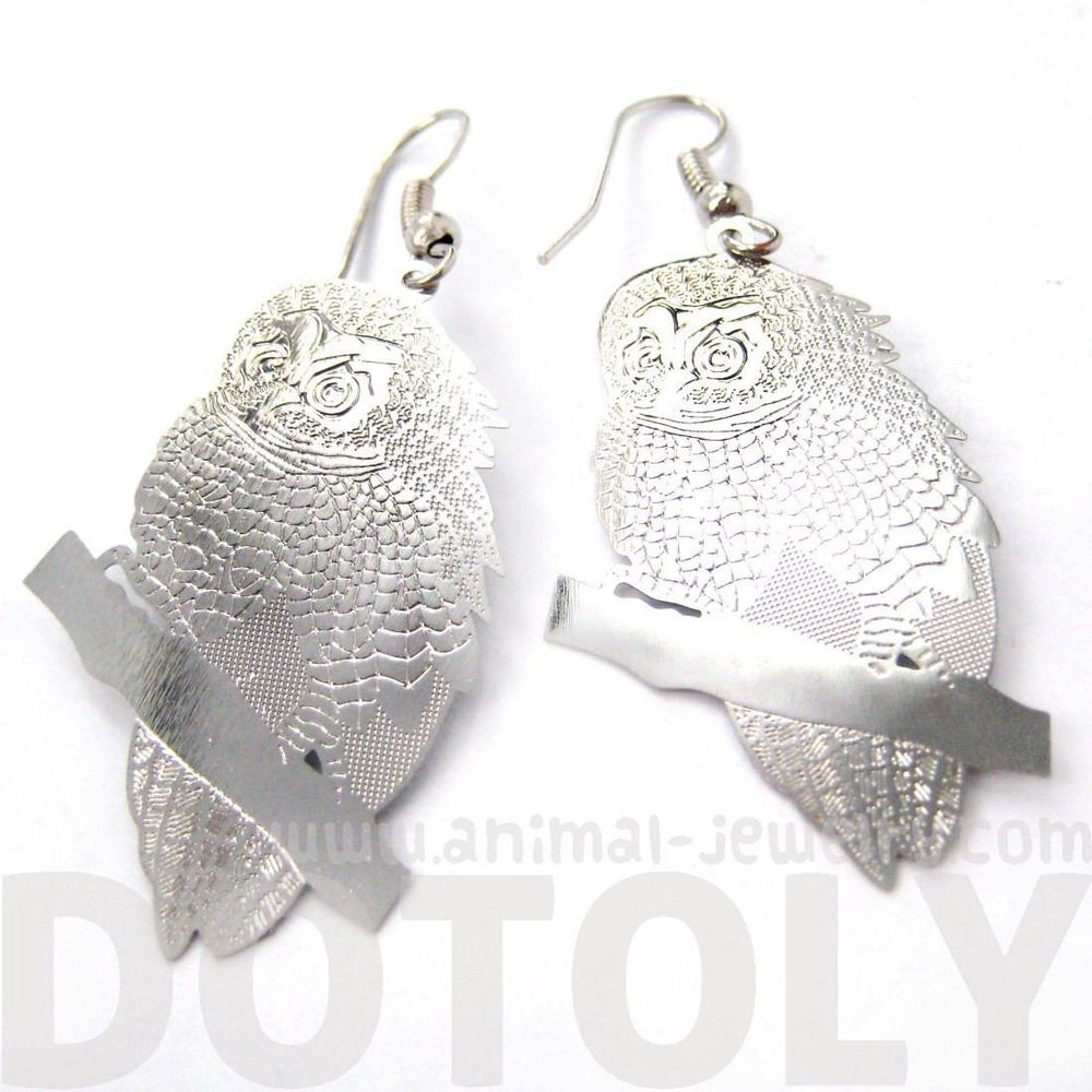 Detailed Barn Owl Shaped Dangle Earrings in Silver | Animal Jewelry