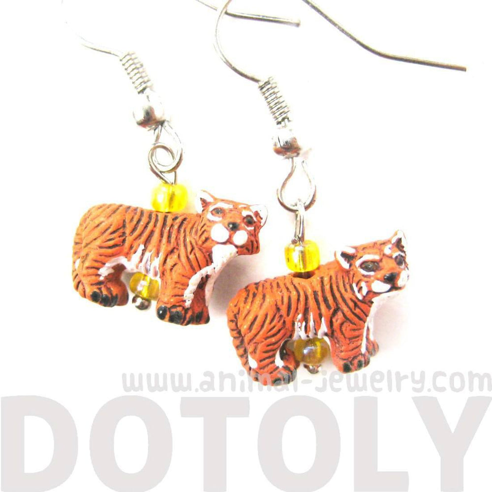 Detailed Bengal Tiger Shaped Porcelain Ceramic Animal Dangle Earrings