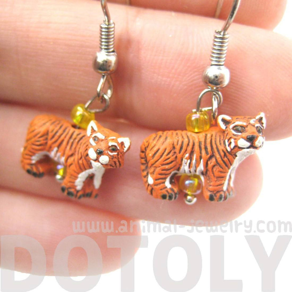 Detailed Bengal Tiger Shaped Porcelain Ceramic Animal Dangle Earrings