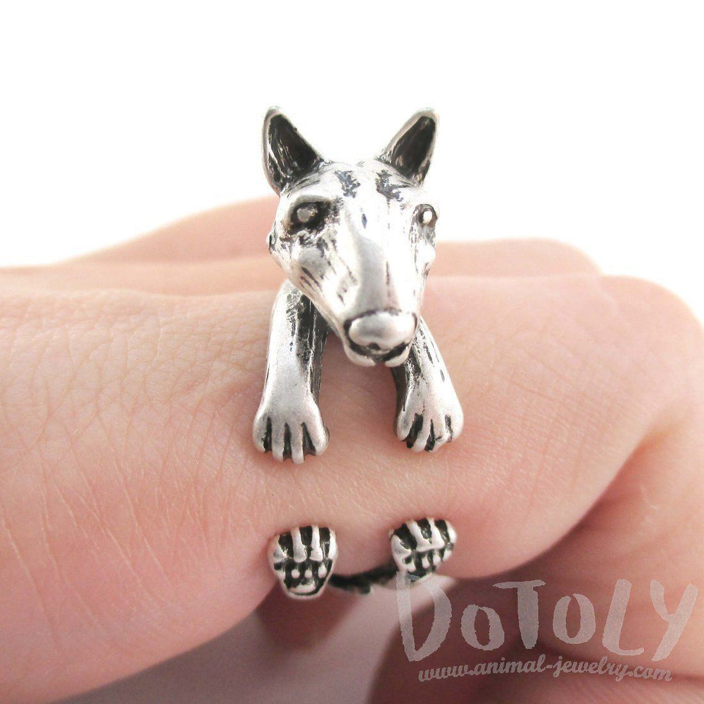 3D Bull Terrier Dog Shaped Animal Wrap Ring in Silver