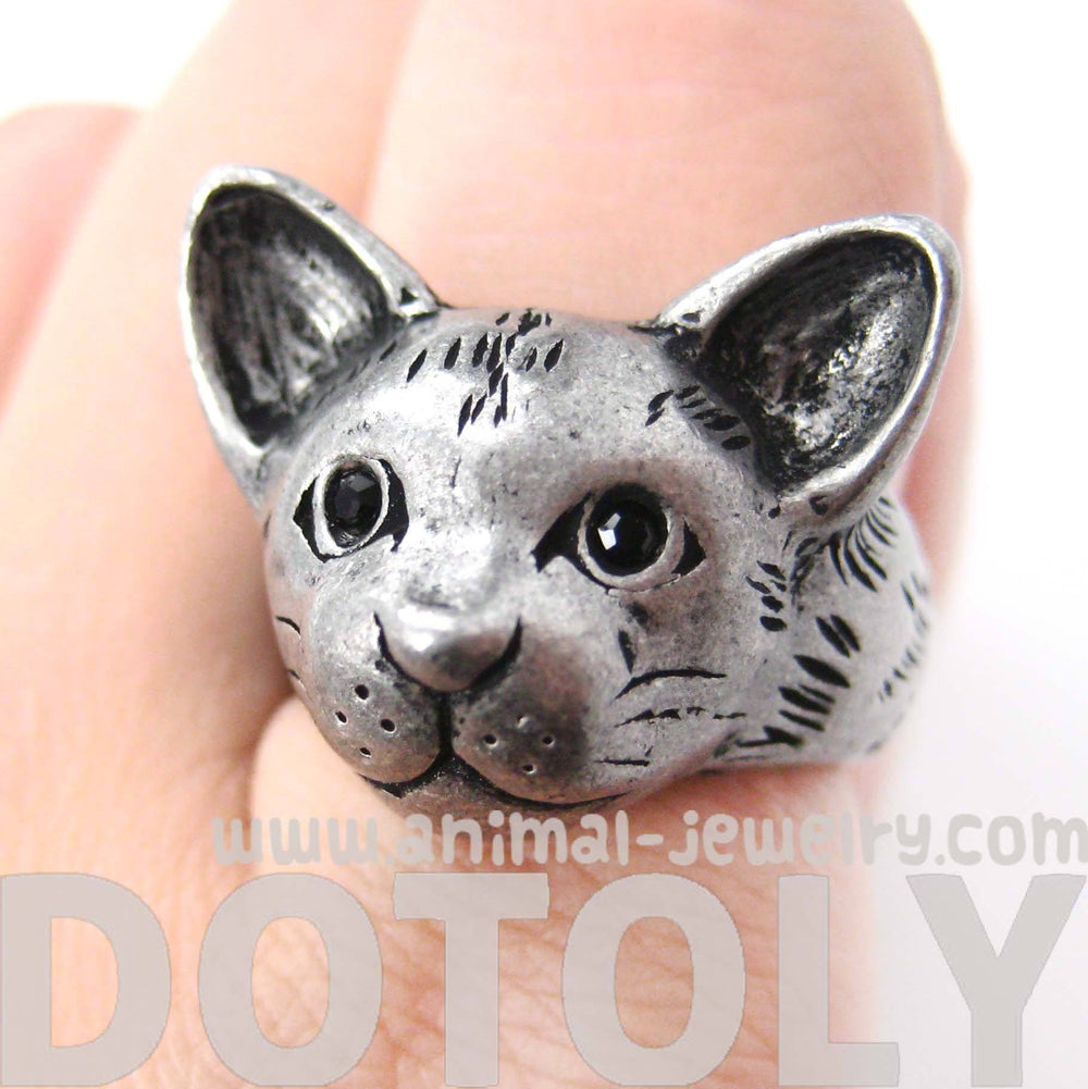 Detailed Cat Head Face Shaped Animal Ring in Silver | Animal Jewelry