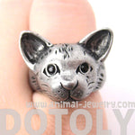 Detailed Cat Head Face Shaped Animal Ring in Silver | Animal Jewelry