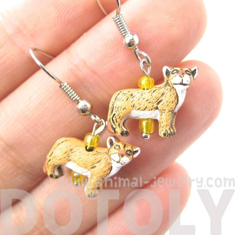 Cougar Mountain Lion Shaped Porcelain Ceramic Animal Dangle Earrings
