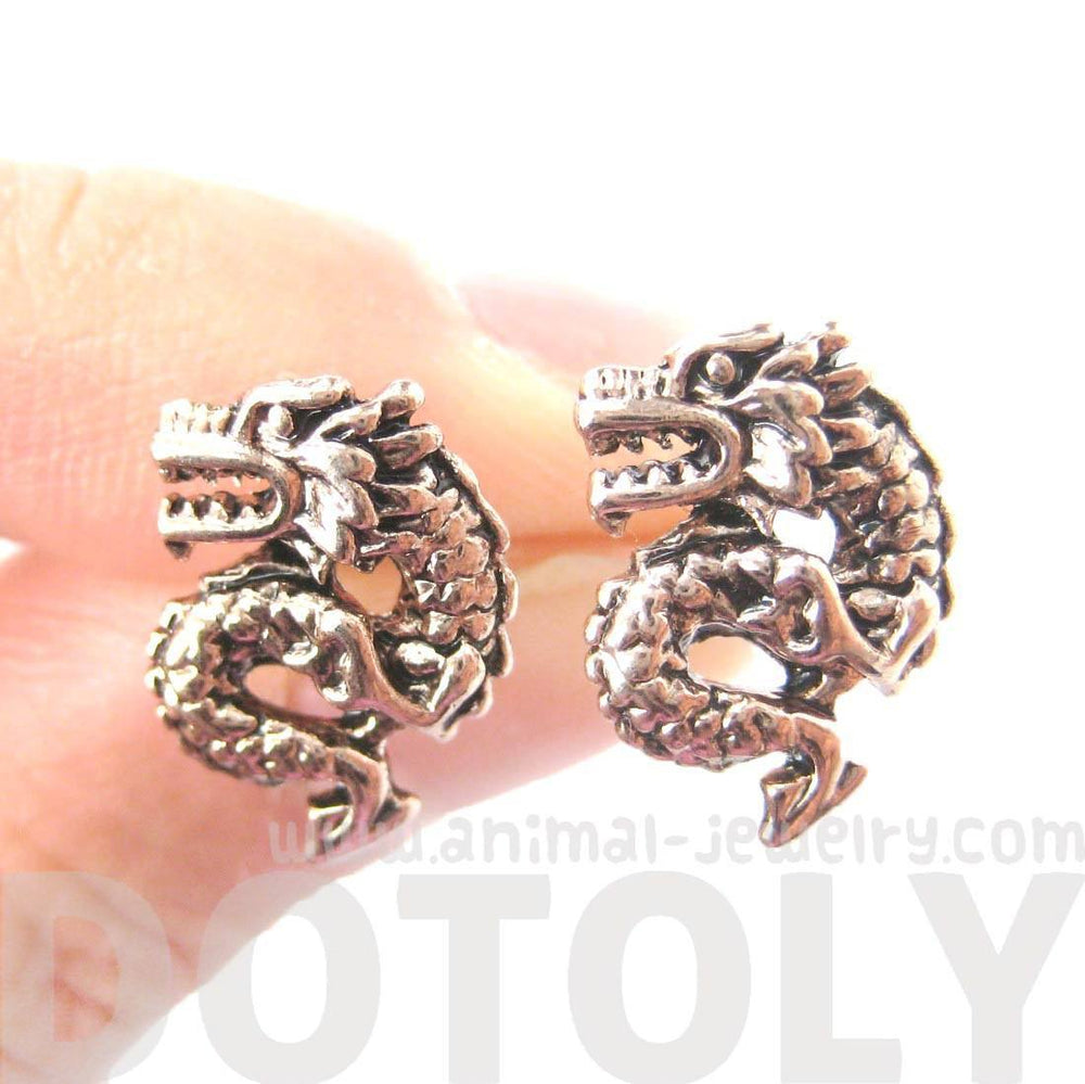 Detailed Dragon Shaped Animal Themed Stud Earrings in Rose Gold