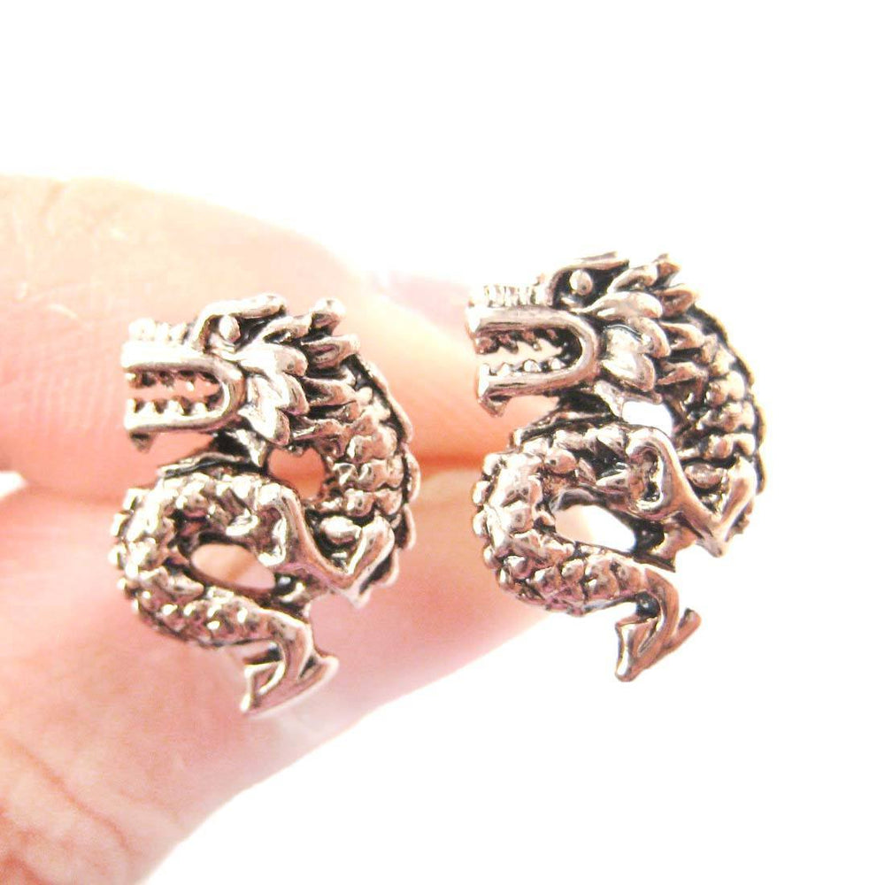 Detailed Dragon Shaped Animal Themed Stud Earrings in Rose Gold