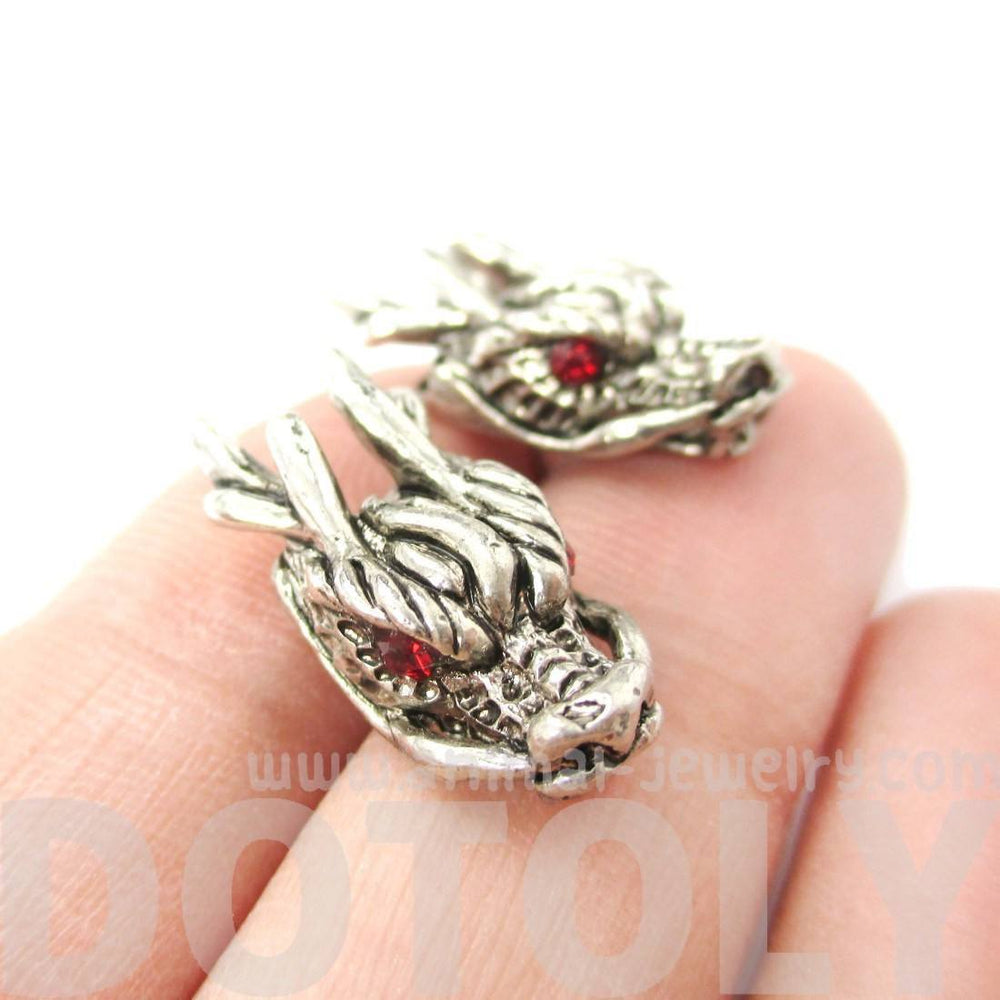 Detailed Dragon Head Shaped Stud Earrings in Silver with Rhinestones