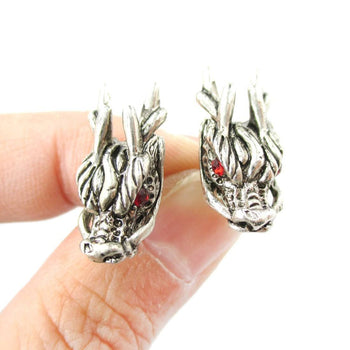 Detailed Dragon Head Shaped Stud Earrings in Silver with Rhinestones