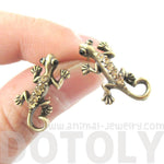 Detailed Gecko Lizard Shaped Stud Earrings in Brass with Rhinestones