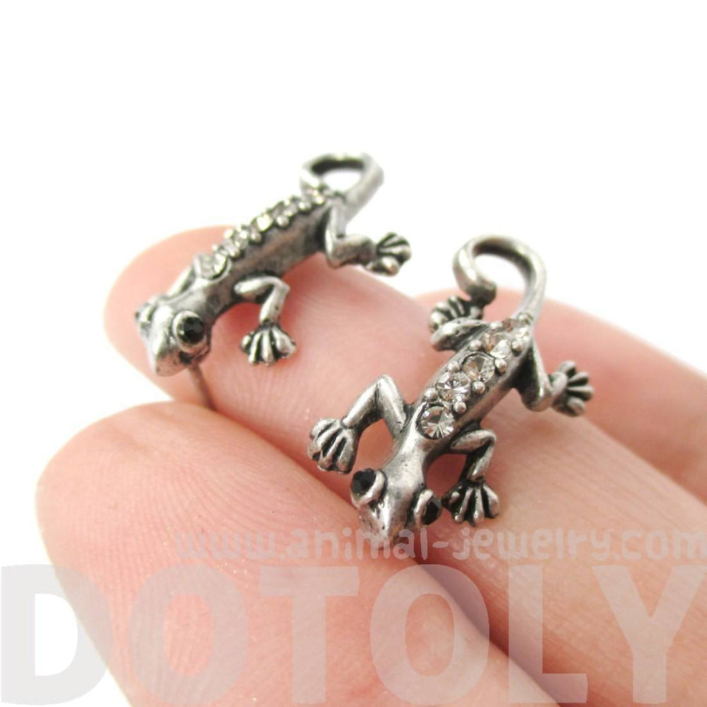 Detailed Gecko Lizard Shaped Stud Earrings in Silver with Rhinestones