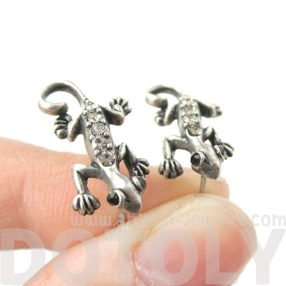 Detailed Gecko Lizard Shaped Stud Earrings in Silver with Rhinestones