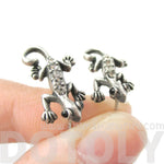 Detailed Gecko Lizard Shaped Stud Earrings in Silver with Rhinestones
