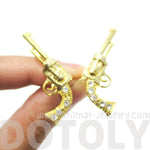 Gun Pistol Shaped Stud Earrings in Gold with Rhinestone