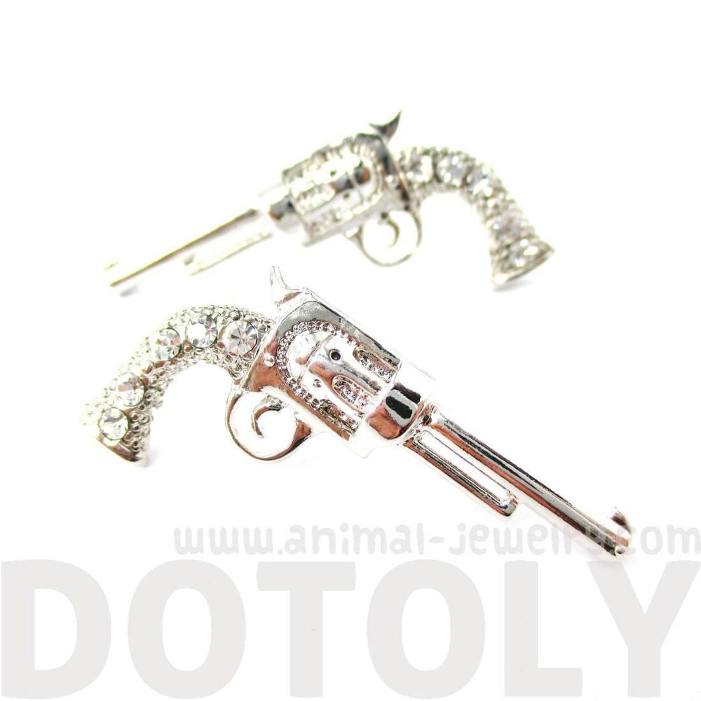Gun Pistol Revolver Shaped Stud Earrings in Silver with Rhinestones