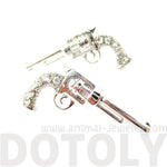 Gun Pistol Revolver Shaped Stud Earrings in Silver with Rhinestones