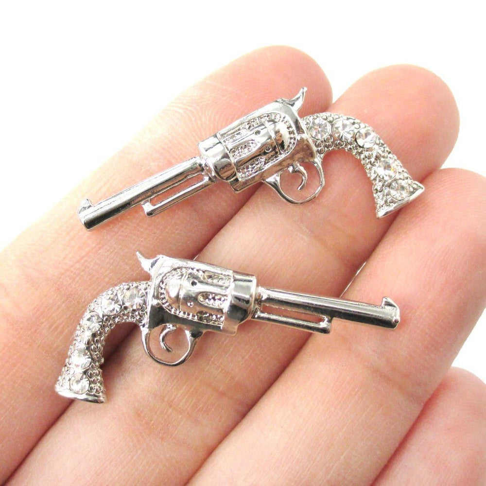 Gun Pistol Revolver Shaped Stud Earrings in Silver with Rhinestones