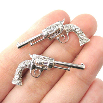 Gun Pistol Revolver Shaped Stud Earrings in Silver with Rhinestones