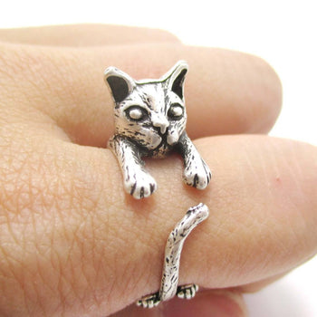 Detailed 3D Kitty Cat Shaped Animal Wrap Ring in Silver