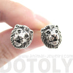 Detailed Lion Face Shaped Stud Earrings in Silver