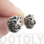 Detailed Lion Face Shaped Stud Earrings in Silver