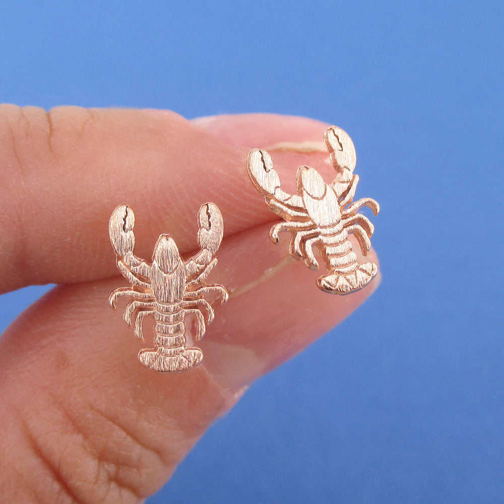 Small Lobster Shaped Marine Life Inspired Stud Earrings in Rose Gold