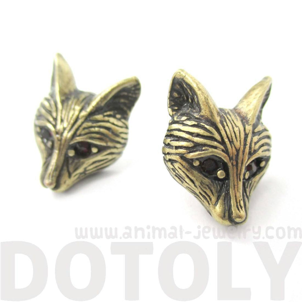 Detailed Wolf Fox Face Shaped Stud Earrings in Brass with Rhinestones