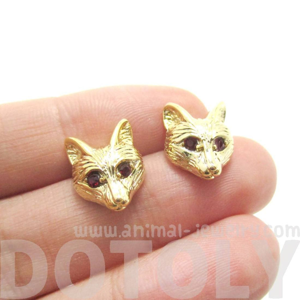 Detailed Wolf Fox Face Shaped Stud Earrings in Gold