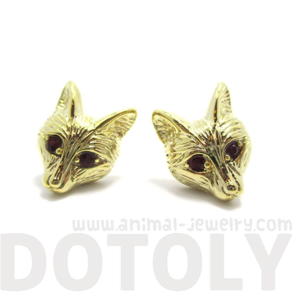 Detailed Wolf Fox Face Shaped Stud Earrings in Gold