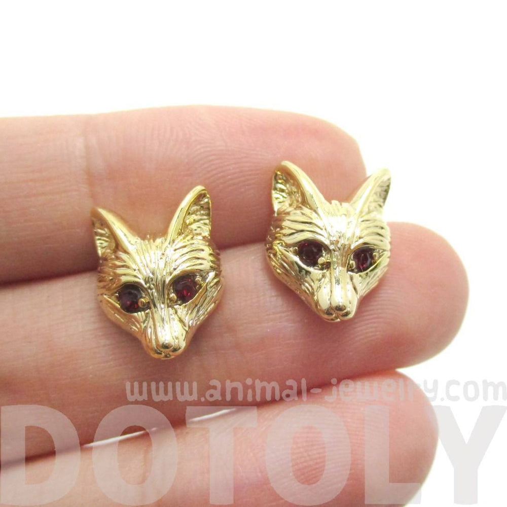 Detailed Wolf Fox Face Shaped Stud Earrings in Gold