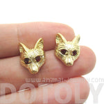Detailed Wolf Fox Face Shaped Stud Earrings in Gold