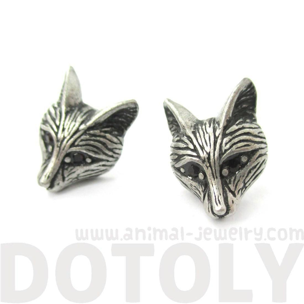 Detailed Wolf Fox Face Shaped Stud Earrings in Silver with Rhinestones