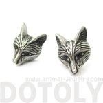 Detailed Wolf Fox Face Shaped Stud Earrings in Silver with Rhinestones