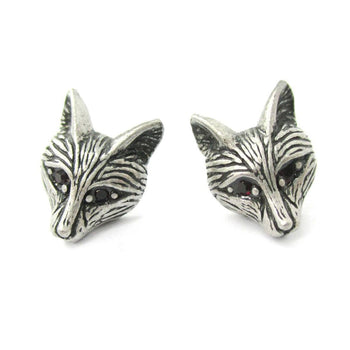 Detailed Wolf Fox Face Shaped Stud Earrings in Silver with Rhinestones