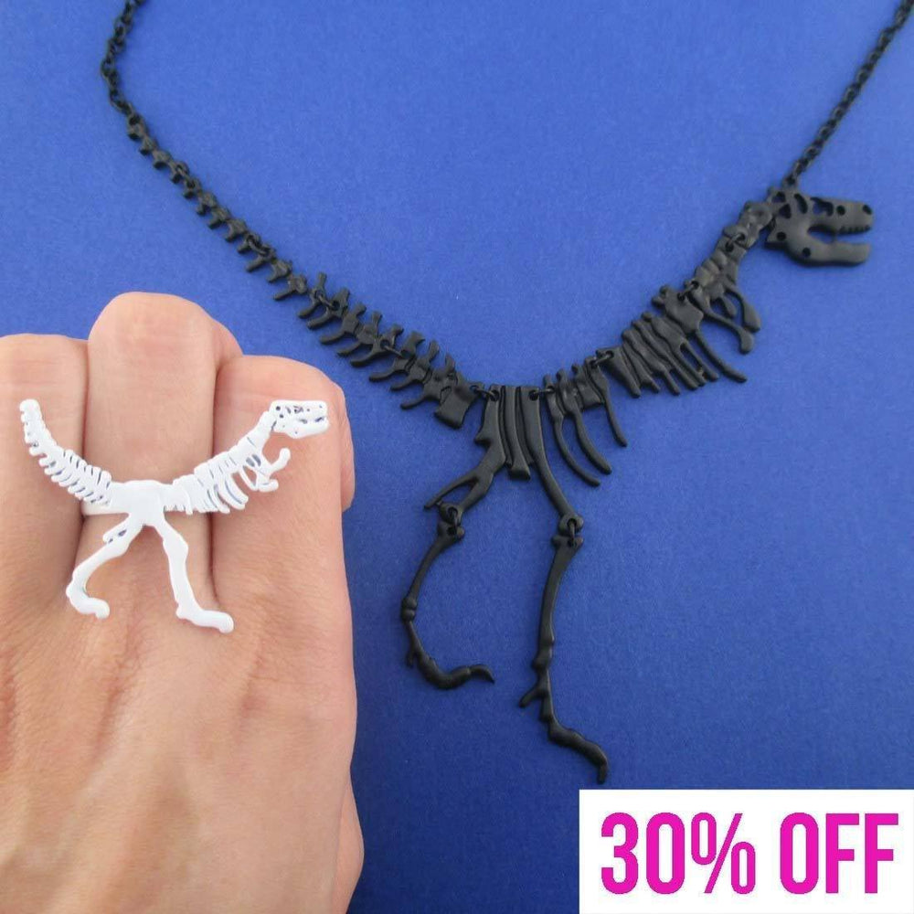 Dinosaur Themed T-Rex Fossil Ring and Skeleton Necklace 2 Piece Set